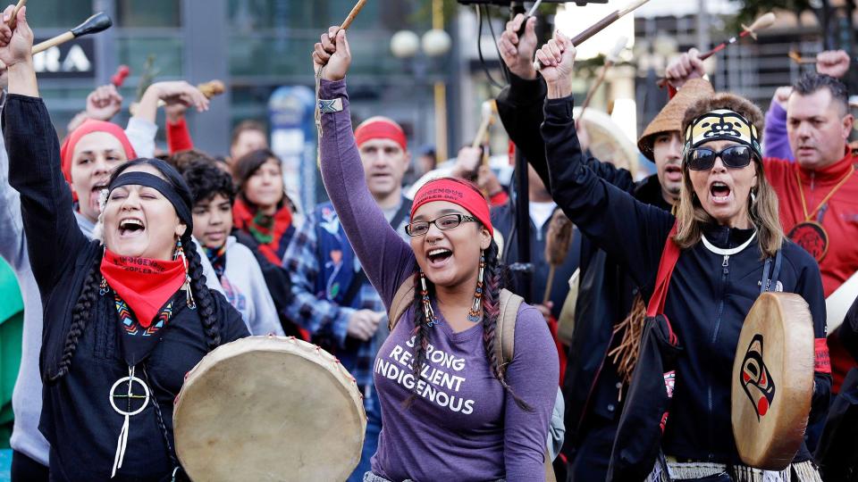 Drummers let out a yell as they finish a song during an Indigenous Peoples Day gathering before a march, in Seattle. In 2014, the Seattle City Council voted to stop recognizing Columbus Day and instead turned the second Monday in October into a day of recognition of Native American cultures and peoples Columbus Day Quarrel, Seattle, USA - 09 Oct 2017