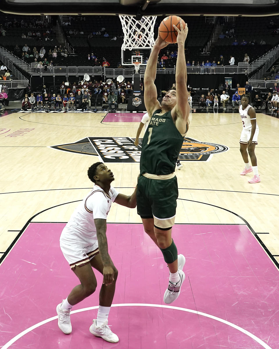 Colorado State forward Joel Scott (1) puts up a shot during the second half of an NCAA college basketball game against Boston College Wednesday, Nov. 22, 2023, in Kansas City, Mo. Colorado State won 86-74. (AP Photo/Charlie Riedel)