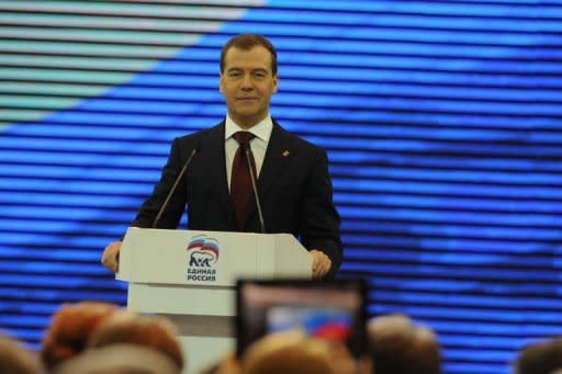 Russia's Prime Miniter Dmitry Medvedev speaks at a congress of the ruling party United Russia in Moscow. Russia's ruling party on Saturday approved Medvedev as its new chief in a bid to reverse flagging popularity that stoked opposition protests against the Kremlin