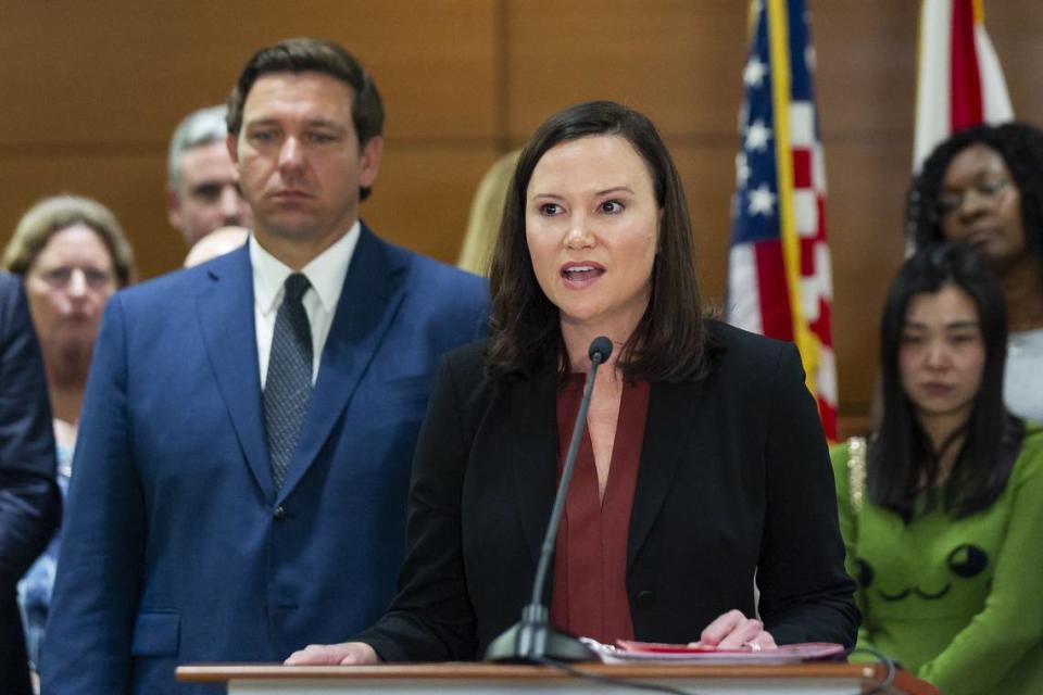 Florida Attorney General Ashley Moody speaks during a press conference at the Broward County Courthouse in downtown Fort Lauderdale, Florida on Wednesday, February 13, 2019. Governor Ron DeSantis announced he filed a petition with the Florida Supreme Court to form a statewide grand jury to examine and review school safety across the state.