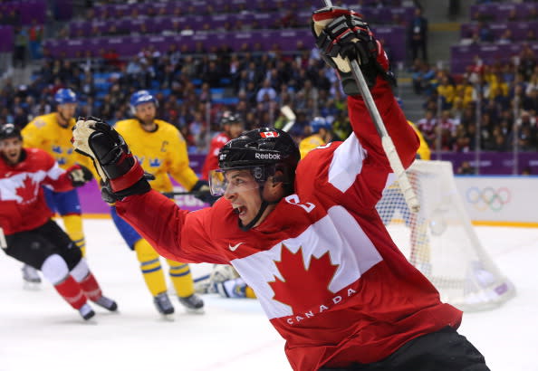 SOCHI, RUSSIA - FEBRUARY 23: Sidney Crosby #87 of Canada celebrates after scoring his team's second goal in the second period during the Men's Ice Hockey Gold Medal match against Sweden on Day 16 of the 2014 Sochi Winter Olympics at Bolshoy Ice Dome on February 23, 2014 in Sochi, Russia. (Photo by Martin Rose/Getty Images)