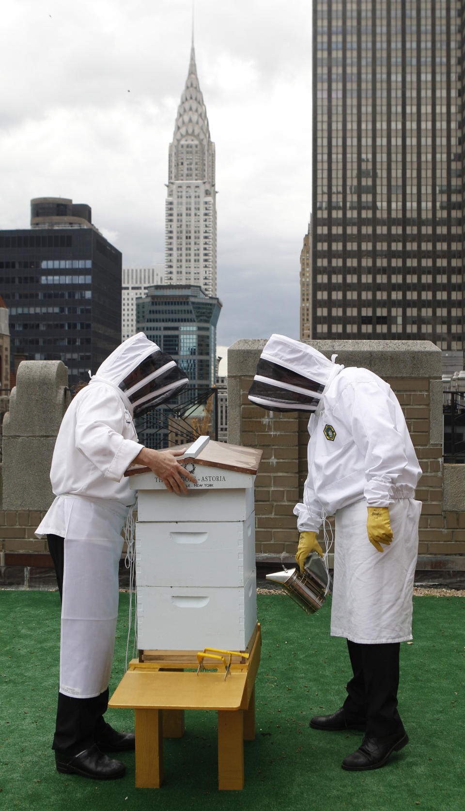 Waldorf=Astoria hotel sous chef Josh Bierman, left, and culinary director David Garcelon wear bee suits over their chef's uniforms as they inspect the hotel's bee hives on the 20th floor roof of the renowned hotel in New York, Tuesday, June 5, 2012. The hotel plans to harvest its own honey and help pollinate plants in the skyscraper-heavy heart of the city, joining a mini beekeeping boom that has taken over hotel rooftops from Paris to Times Square. (AP Photo/Kathy Willens)