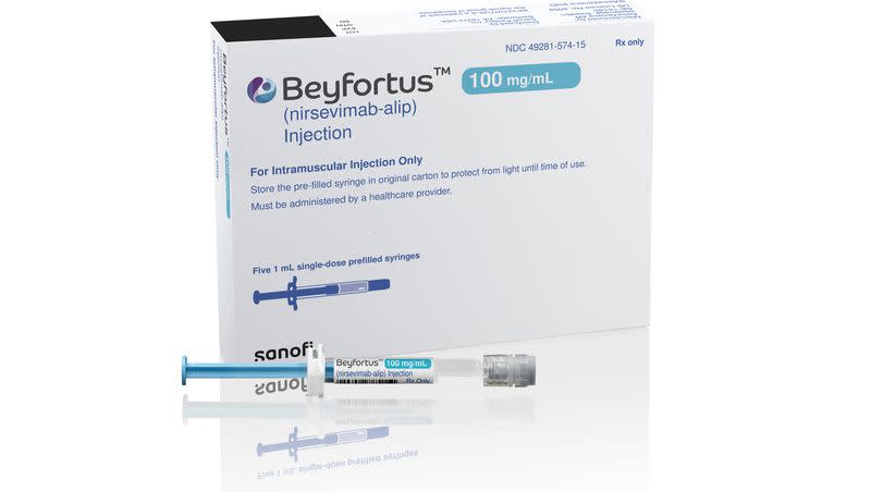 This illustration provided by AstraZeneca depicts packaging for its medication Beyfortus. U.S. officials have approved a new long-acting drug to protect babies and toddlers against a respiratory virus that causes thousands of hospitalizations each year. The Food and Drug Administration on July 17, 2023, approved the injection for infants and children up to 2 years old.
