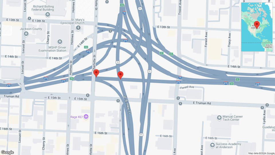 A detailed map that shows the affected road due to 'Broken down vehicle on eastbound I-670 in Kansas City' on September 17th at 5:49 p.m.