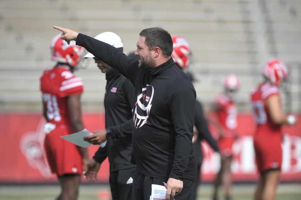 Safeties coach Wes Neighbors, shown at practice earlier this year, is UL's interim defensive coordinator for the New Orleans Bowl.