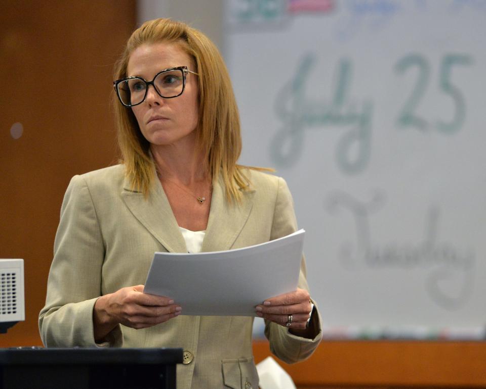 Assistant State Attorney Megan Leaf presents evidence in court Tuesday, July 25, 2023. Darion Lee, 20, is charged with murder in the second degree with a firearm and attempted murder in the first degree with a firearm. Lee, who was 16 at the time, was arrested in November 2019 after he turned himself in following a shooting.