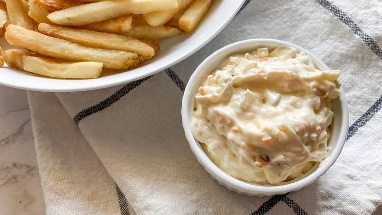 Copycat Red Lobster tartar sauce with a plate of French fries