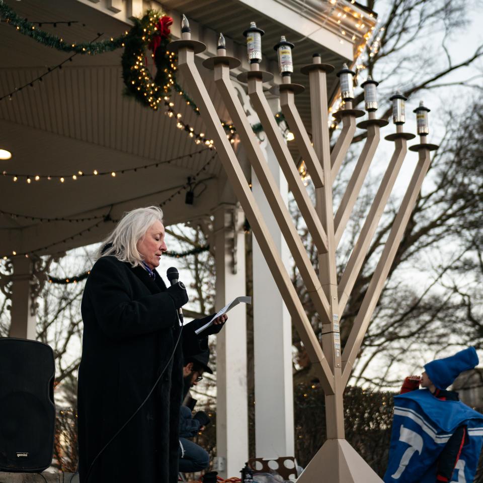 Village of Clinton Mayor Elizabeth C. Tantillo speaks during the annual Menorah Lighting in Clinton, NY on Tuesday, December 12, 2023.