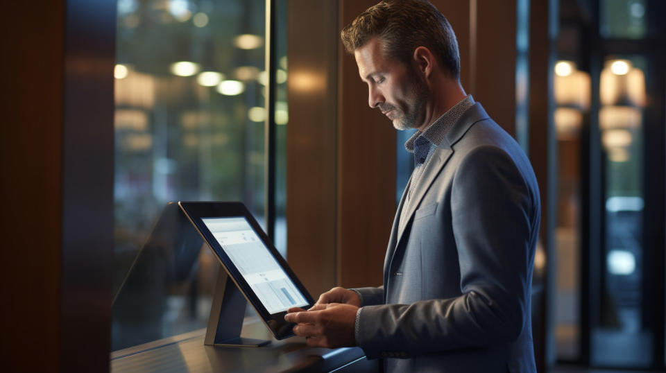 A customer using a touch-screen tablet at a bank branch to access their accounts.