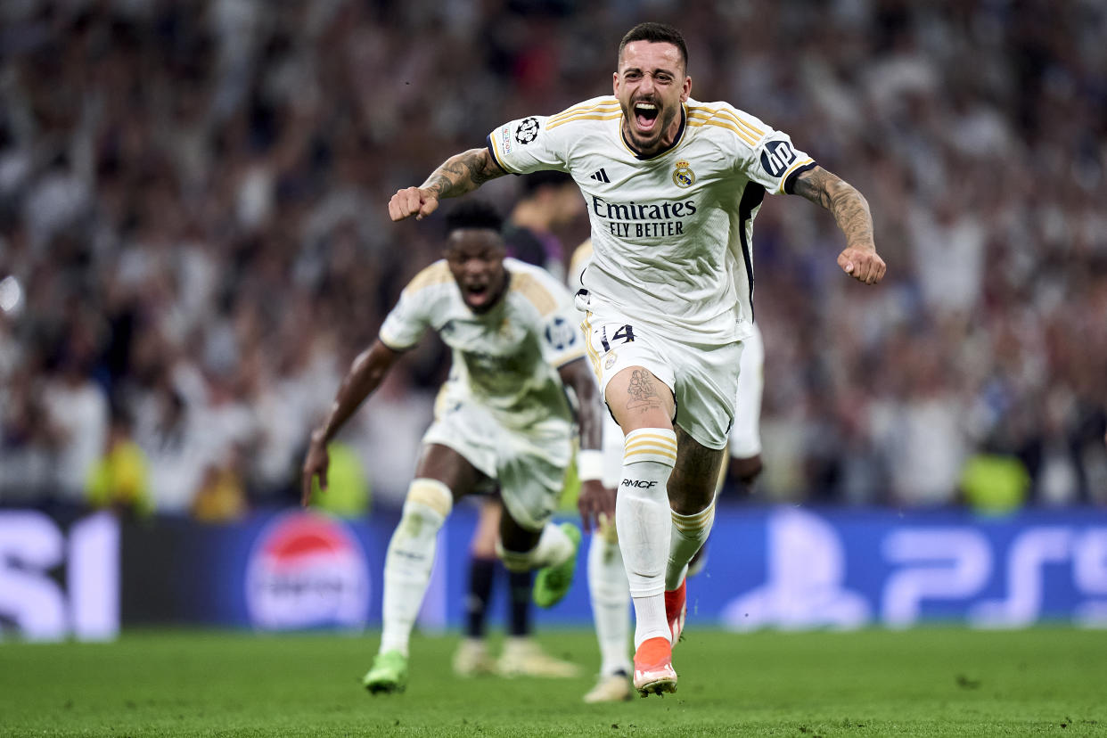 MADRID, SPAIN - MAY 08: Joselu Mato Real Madrid celebrates after scoring his team's second goal during the UEFA Champions League semi-final second leg match between Real Madrid and FC Bayern München at Estadio Santiago Bernabeu on May 08, 2024 in Madrid, Spain. (Photo by Diego Souto/Getty Images)