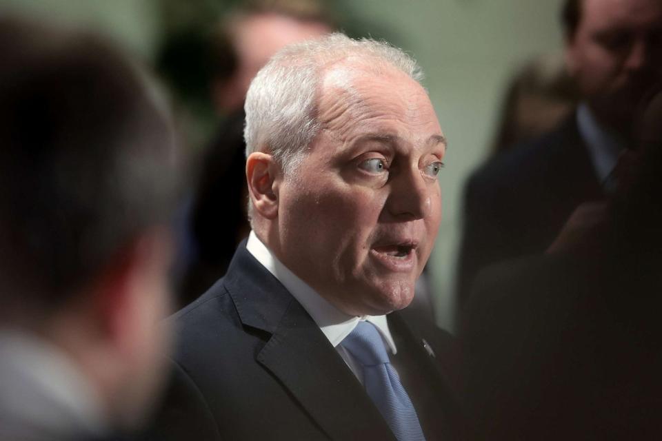 PHOTO: House Majority Leader Steve Scalise speaks to reporters as he leaves a House Republican caucus meeting at the Capitol, Oct. 12, 2023. (Win Mcnamee/Getty Images)