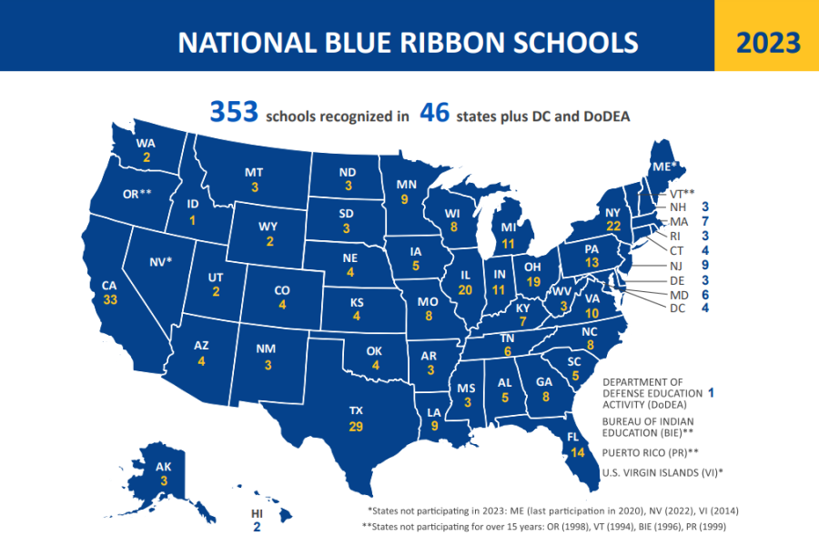 This map shows the number of schools by state that received National Blue Ribbon Recognition in 2023. (Department of Education)