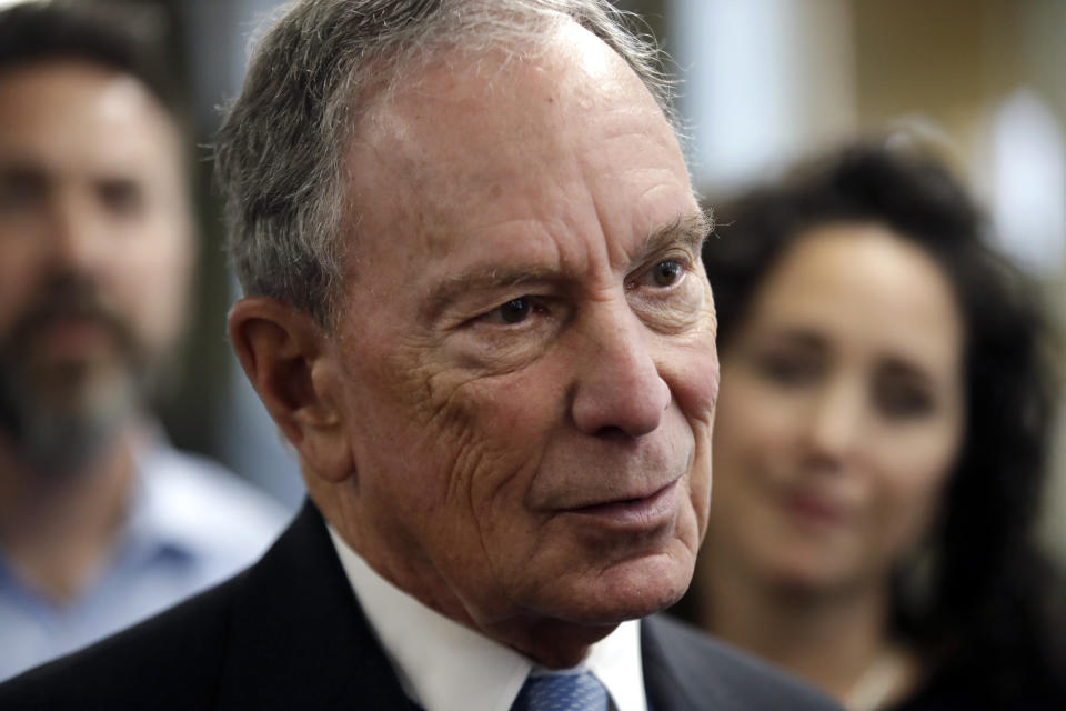 FILE - In this Jan. 29, 2019 file photo, potential Democratic presidential candidate Michael Bloomberg speaks to workers during a tour of the WH Bagshaw Company, a pin and precision component manufacturer, in Nashua, N.H. Bloomberg, the billionaire former mayor of New York City, is opening the door to a 2020 presidential campaign. Bloomberg announced earlier this year that he would not seek the Democratic nomination. But in a statement, his political adviser Howard Wolfson says Bloomberg is worried that the current crop of Democratic presidential candidates is “not well positioned” to defeat President Donald Trump. (AP Photo/Elise Amendola, File)