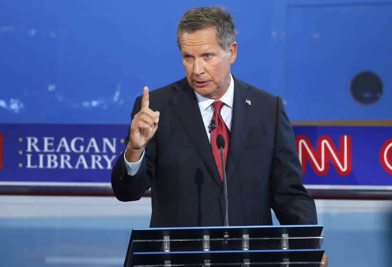 Republican U.S. presidential candidate and Ohio Governor John Kasich makes a point during the second official Republican presidential candidates debate of the 2016 U.S. presidential campaign at the Ronald Reagan Presidential Library in Simi Valley, California, United States, September 16, 2015. REUTERS/Lucy Nicholson 