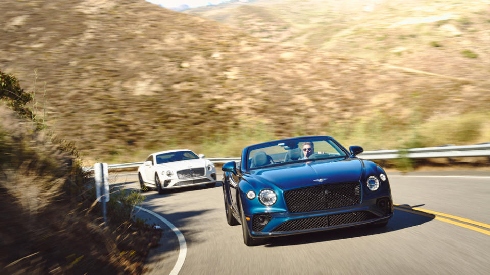 The Continental GTC (front) and GT carve through one of Malibu's serpentine canyon roads.