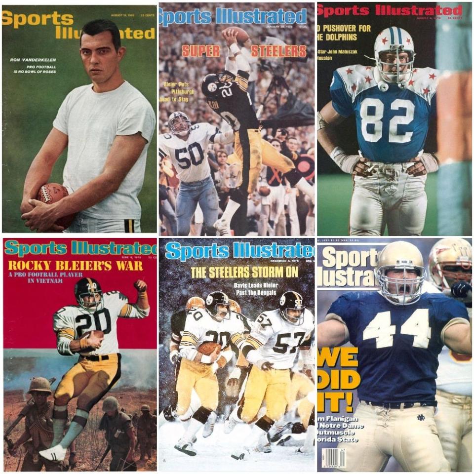 Former Wisconsin football stars to grace the cover of Sports Illustrated have included Ron Vander Kelen (upper left), John Matuszak (upper right), Jim Flanigan (lower right) and Rocky Bleier (the other three).