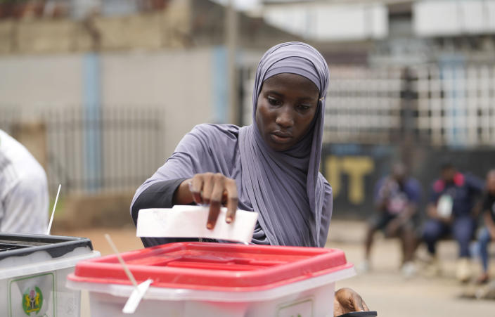 A woman cast her ballot during the gubernatorial and state Assembly elections in Lagos , Nigeria, Saturday, March 18, 2023. Millions of Nigerians are headed back to the polls Saturday as Africa's most populous nation holds gubernatorial elections amid tensions after last month's disputed presidential vote. New governors are being chosen for 28 of Nigeria's 36 states as the opposition continues to reject the victory of President-elect Bola Tinubu from the West African nation's ruling party (AP Photo/Sunday Alamba)