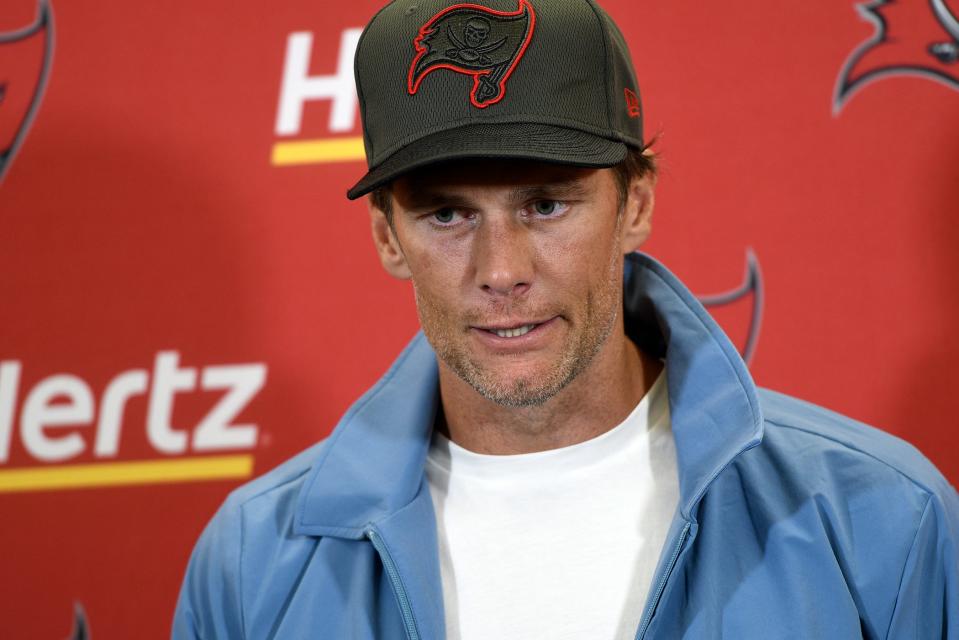 Tampa Bay Buccaneers quarterback Tom Brady meets with reporters after an NFL football game against the Pittsburgh Steelers in Pittsburgh, Sunday, Oct. 16, 2022. (AP Photo/Don Wright)