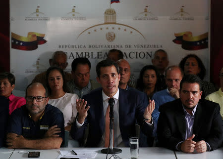 Venezuelan opposition leader Juan Guaido, who many nations have recognised as the country's rightful interim ruler, speaks during a news conference in Caracas, Venezuela May 9, 2019. REUTERS/Ivan Alvarado