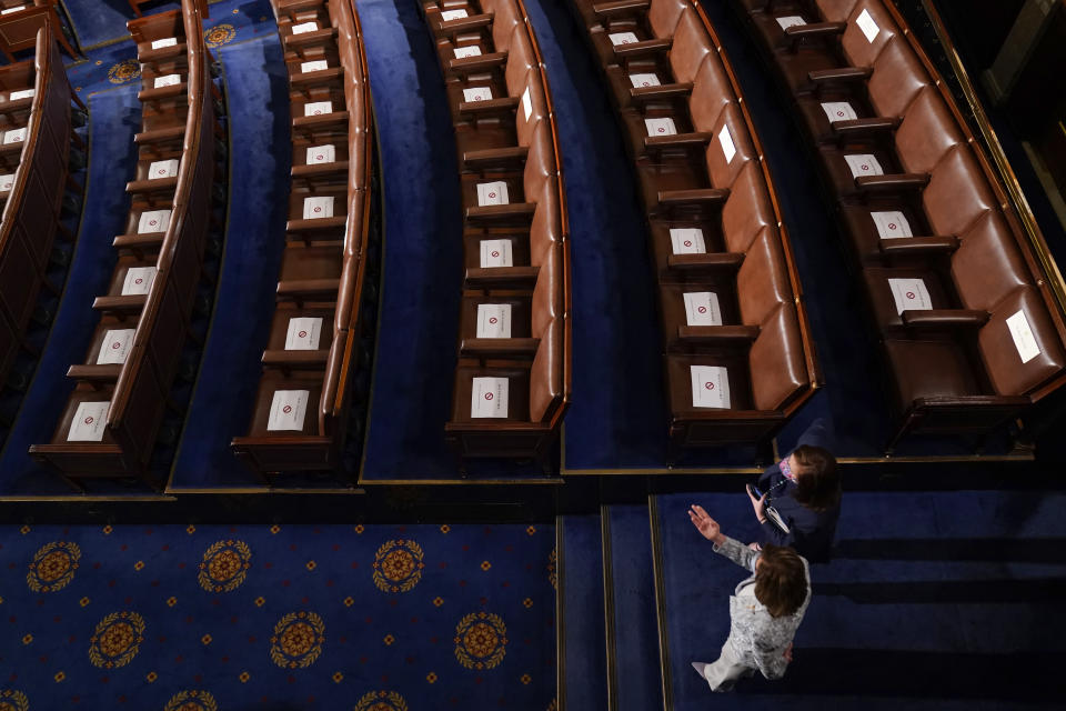 House Speaker Nancy Pelosi of Calif.,, bottom, arrives before President Joe Biden speaks to a joint session of Congress Wednesday, April 28, 2021, in the House Chamber at the U.S. Capitol in Washington. (AP Photo/Andrew Harnik, Pool)