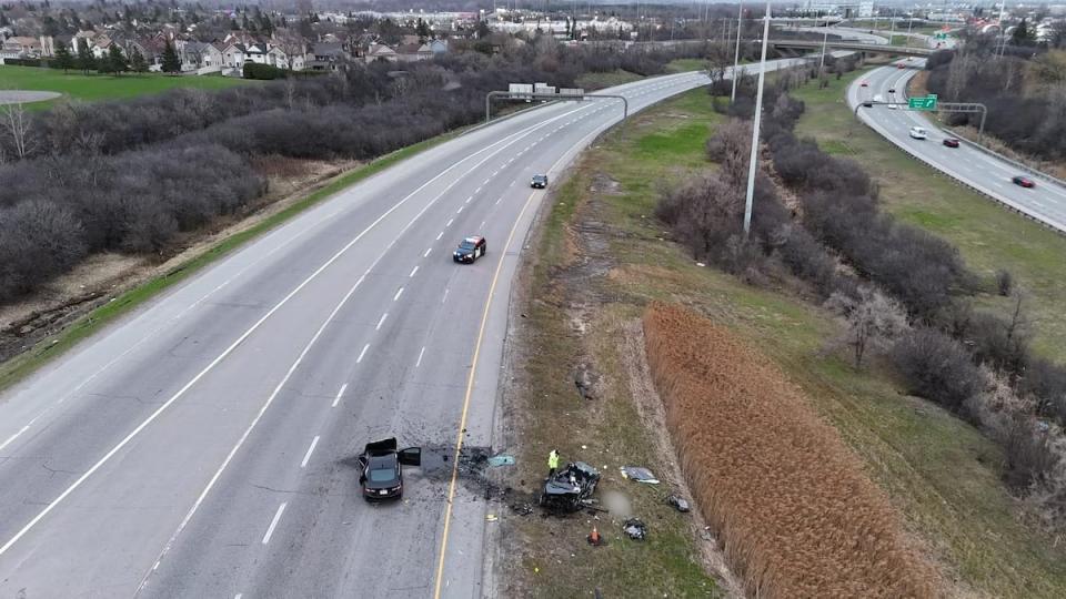 A collision between two vehicles on Highway 417, near Aviation Parkway, killed one person. The Ontario Provincial Police say one of the vehicles was headed down the highway in the wrong direction. 