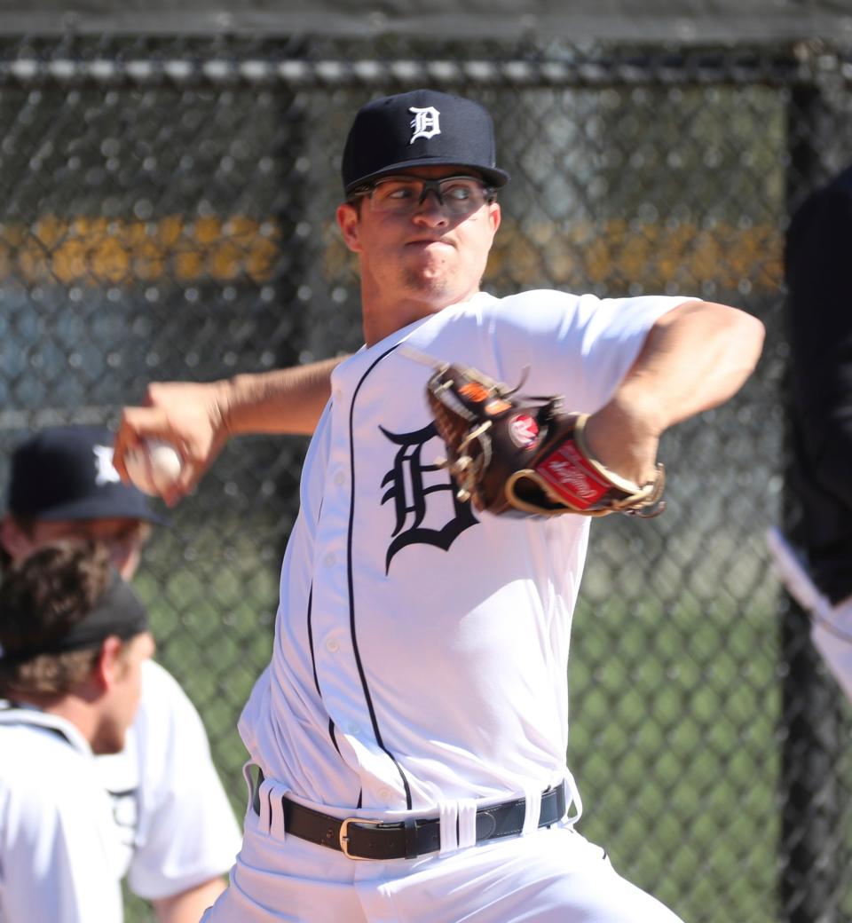 Detroit Tigers right handed pitching prospect Garrett Hill throws during minor-league minicamp Sunday, Feb. 20, 2022, at TigerTown in Lakeland, Florida.