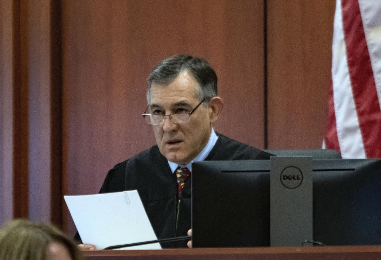 District Judge Michael Reardon presides over the rape trial of former Idaho state Rep. Aaron von Ehlinger at the Ada County Courthouse, Thursday, April 28, 2022, in Boise, Idaho. (Brian Myrick/The Idaho Press-Tribune via AP, Pool)