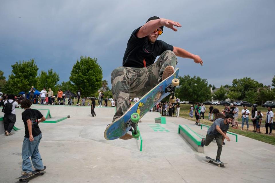 Devin Bales skates after the ribbon-cutting ceremony on Sunday for the Tyre Nichols Skate Park, named in honor of the former Sacramento resident who was fatally beaten by Memphis police officers following a traffic stop in January, at Regency Community Park in Sacramento’s North Natomas neighborhood. Bales was on the team that helped renovate the park.