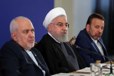 Iranian President Hassan Rouhani is seen during a meeting with Iran's Foreign Minister Mohammad Javad Zarif and with deputies and Senior directors of the Ministry of Foreign Affairs in Tehran