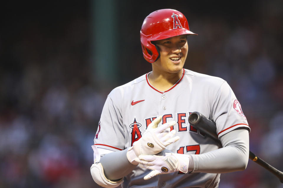 BOSTON, MA - MAY 03:  Shohei Ohtani #17 of the Los Angeles Angels bats in the first inning of a game against the Boston Red Sox at Fenway Park on May 3, 2022 in Boston, Massachusetts.  (Photo by Adam Glanzman/Getty Images)