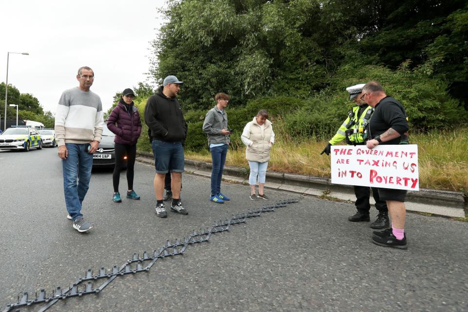 Protesters block the exit of Ferrybridge service station in Leeds (Getty Images)