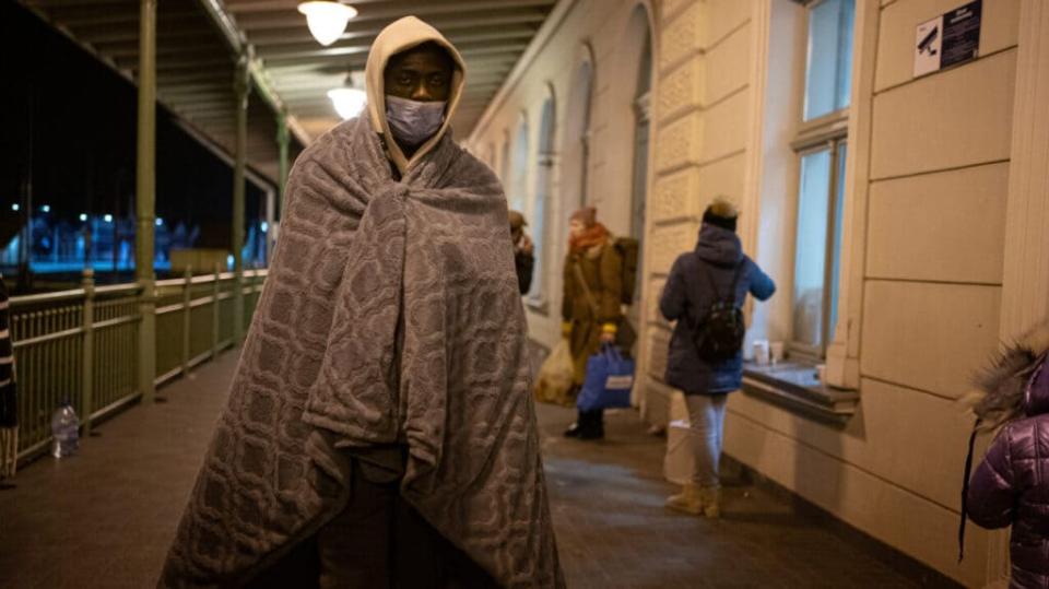 A man covered with a blanket at Przemysl station, six days after the start of Russia’s attacks on Ukraine, March 1, 2022, in Przemysl, Poland. (Photo By Pau Venteo/Europa Press via Getty Images)