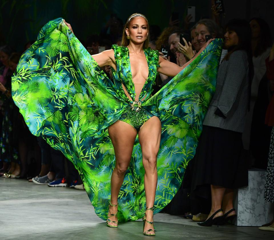 US singer Jennifer Lopez presents a creation for Versace's Women's Spring Summer 2020 collection in Milan on September 20, 2019. (Photo by Miguel MEDINA / AFP)        (Photo credit should read MIGUEL MEDINA/AFP/Getty Images)