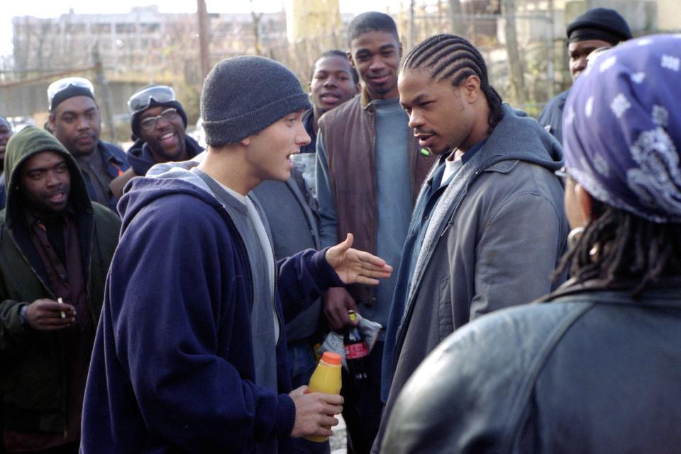 B-Rabbit (Eminem, left) and a coworker (Xzibit) face off in a rap battle in Curtis Hanson's "8 Mile."