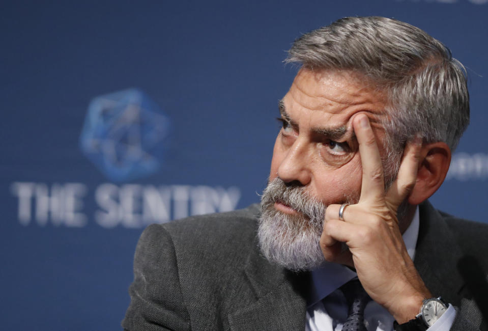 US actor and activist George Clooney speaks at a press conference about South Sudan in London, Thursday, Sept. 19, 2019. The largest multinational oil consortium in South Sudan is "proactively participating in the destruction" of the country, the actor George Clooney and co-founder of The Sentry watchdog group told The Associated Press this week. (AP Photo/Alastair Grant)