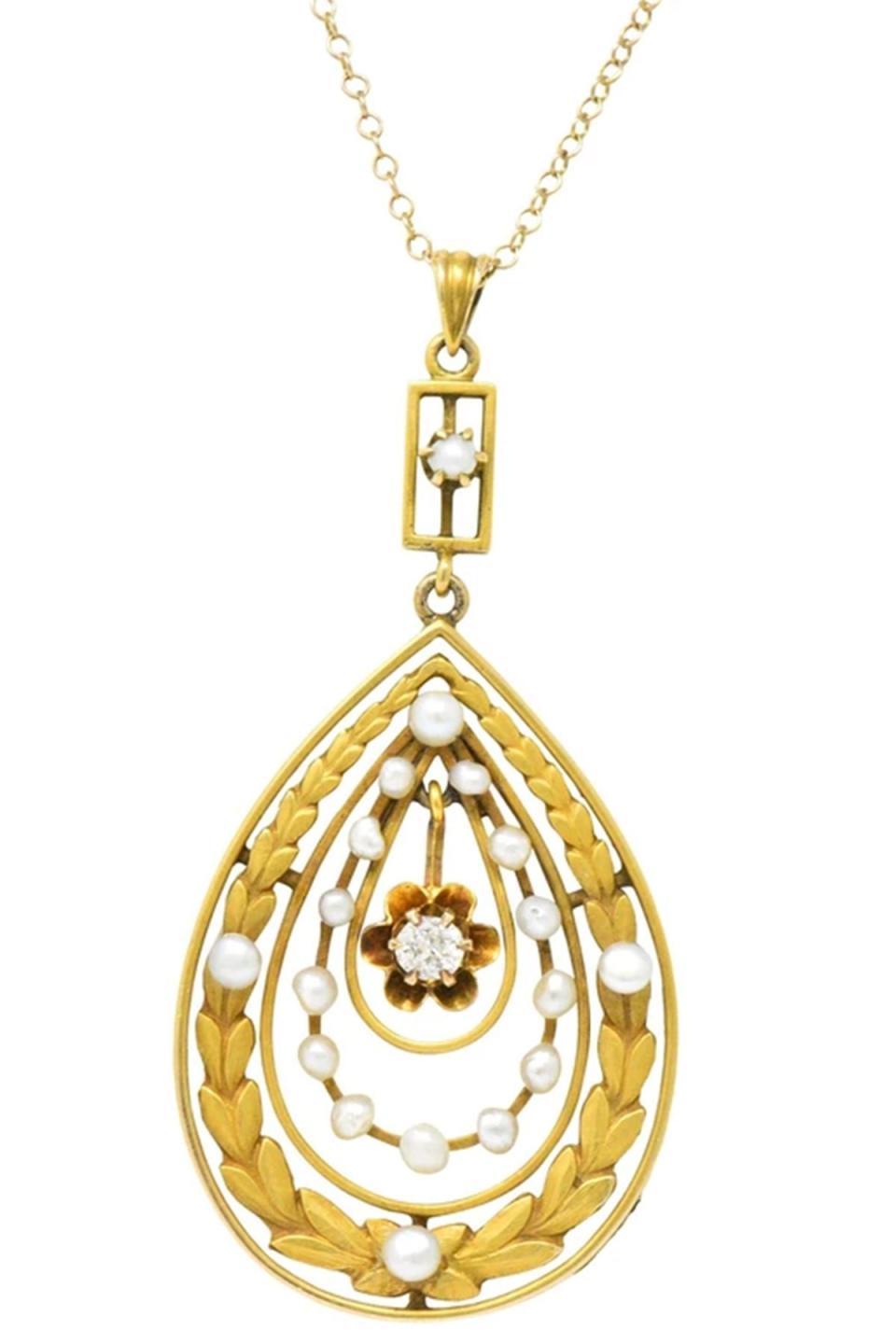 3) Art Nouveau Diamond Seed Pearl Gold Drop Pendant Necklace