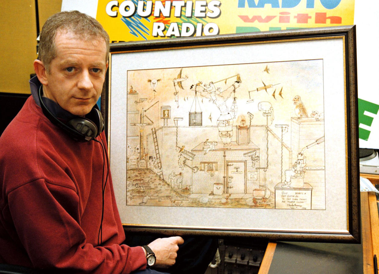 Ronnie Barbour, of the Luton-based Three Counties Radio, with the painting donated by one of the country's most notorious prisoners, Charles Bronson, to be auctioned in aid of a children's charity on his behalf.  Bronson, who produced the painting while in solitary confinement at Woodhill prison in Milton Keynes, is serving a sentence for robbery, kidnapping and blackmail. See PA story PRISON Painting.