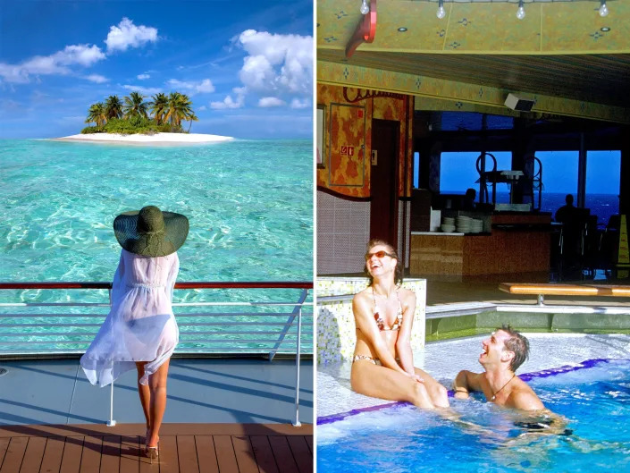 A woman in a sunhat aboard a ship looks at a distant island. A man and a woman enjoy pooltime onboard a ship.