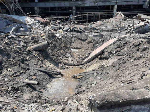 Impact crater at the Kremenchuk Road Vehicle Factory, a large industrial complex adjacent to the shopping center on June 29, 2022. (Photo: Giorgi Gogia/Human Rights Watch)