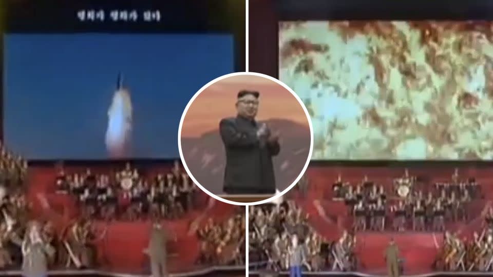 Kim Jong-un was pictured cheering as the video simulation showed a US city being destroyed by a North Korea nuclear missile.