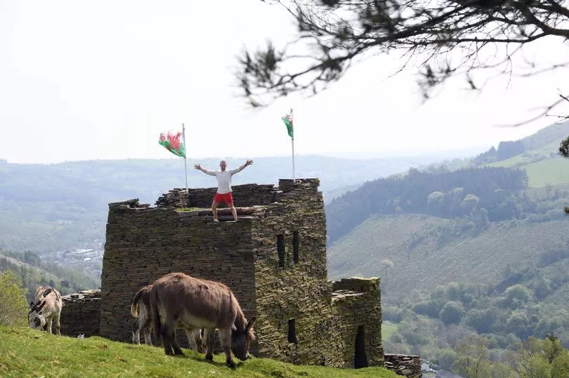 A general view of the castle, Mikey stood atop it near a Welsh flag, with a donkey in the foreground