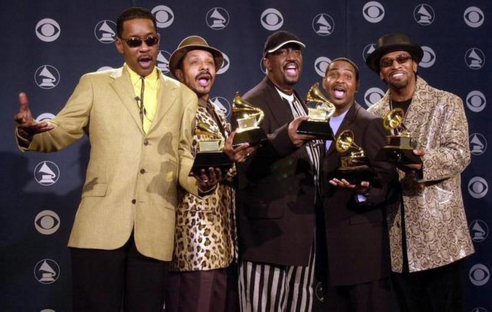 The Temptations, seen here celebrating a Grammy win in 2001. Some 27 men have performed over the decades with the group, with Otis Williams as the lone constant.