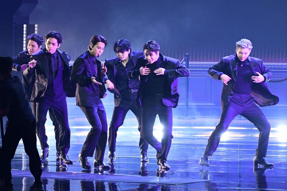 South Korean boy band BTS (Jin, Suga, J-Hope, RM, Jimin, V, Jungkook) perform at the Grammys  (Valerie Macon / AFP via Getty Images)