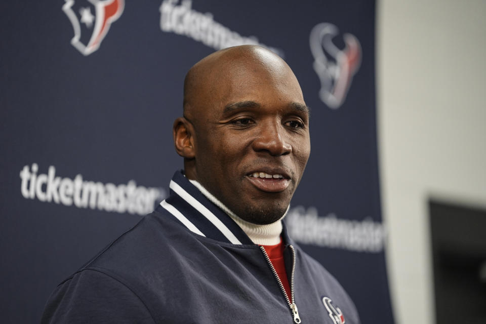 Houston Texans head coach DeMeco Ryans speaks during a news conference after an NFL football AFC divisional playoff game between the Baltimore Ravens and the Houston Texans, Saturday, Jan. 20, 2024, in Baltimore. The Baltimore Ravens won 34-10. (AP Photo/Julio Cortez)