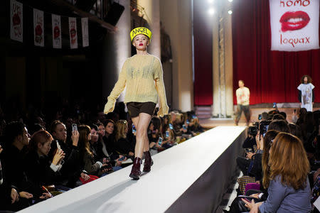 Model Rose McGowan presents a creation during the Vivienne Westwood catwalk show at London Fashion Week Women's A/W19 in London, Britain February 17, 2019. REUTERS/Henry Nicholls