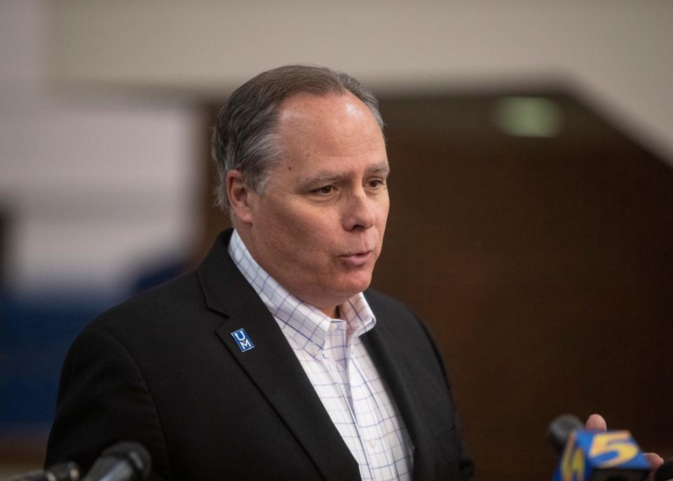 University of Memphis President M. David Rudd  speaks during a press conference at Fogelman Executive Center Middle School on Wednesday, Sept. 15, 2021.