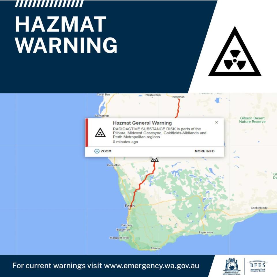 澳洲西澳大利亞州政府在 10 日至 16 日期間，丟失一個含有放射性物質「銫 137」的小型膠囊容器，可能範圍長達 1400 公里。   圖:翻攝自臉書/Department of Fire and Emergency Services WA