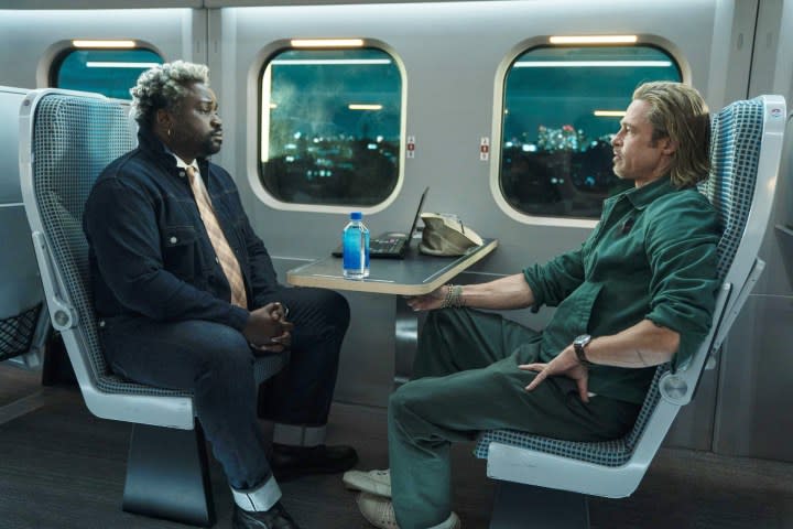 Brian Tyree Henry and Brad Pitt in Bullet Train.