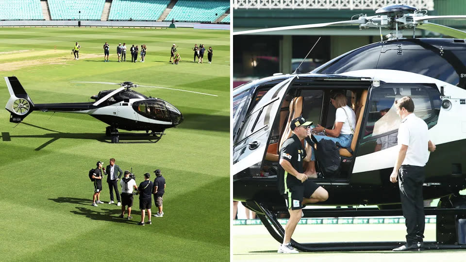 Seen here, David Warner arriving at the SCG on a helicopter.