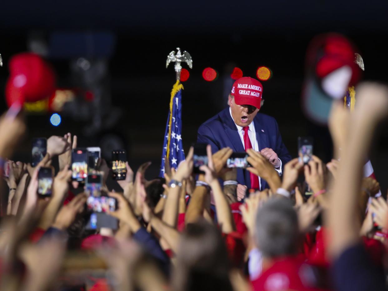 FLORIDA, USA - NOVEMBER 2: US President Donald Trump holds a rally to address his supporters at Miami-Opa Locka Executive Airport in Miami, Florida, United States on November 2, 2020. (Photo by Eva Marie Uzcategui Trinkl/Anadolu Agency via Getty Images)